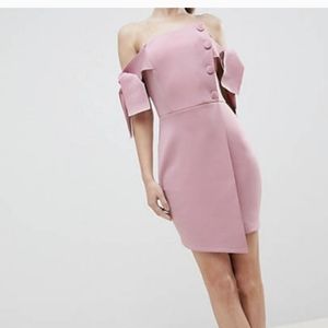 ASOS Women's Pink Mini Dress Off the Shoulder Bow Button Detail Size 8